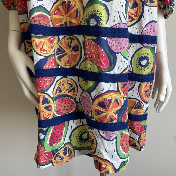 Briton Court Puff Sleeves Tiered Cotton Poplin Dress Fruits Print Sz Large NWT - Picture 6 of 16